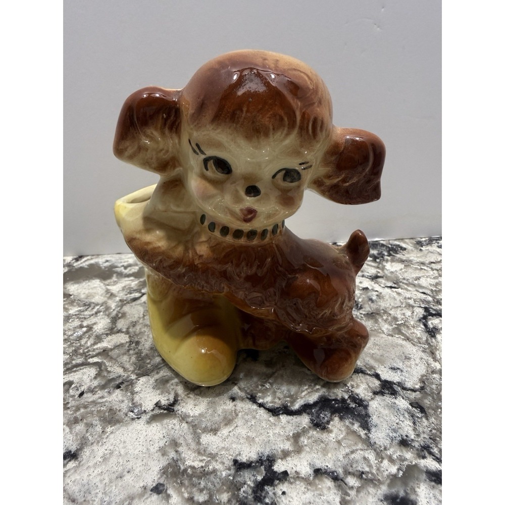 VTG Shawnee Puppy Dog Pottery Planter Bisque with Yellow Boot ~ 5.5" Tall